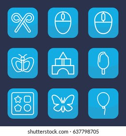 set of 9 outline icons such as butterfly, balloon, toy tower, mouse, candy cane