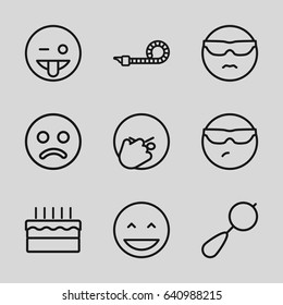 Set of 9 outline icons such as beanbag, cake, party pipe, laughing face, emoji showing tongue