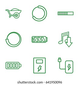 set of 9 outline icons such as wheelbarrow, battery, loading