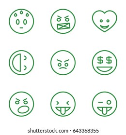 Set of 9 outline icons such as heart face, angry emot, emoji showing tongue, sweating emot