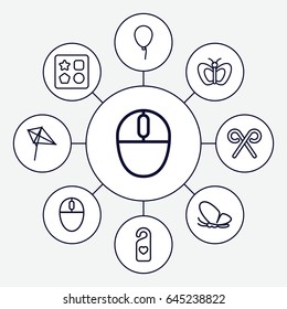 Set of 9 outline icons such as butterfly, balloon, from toy for beach, kite, heart tag, mouse