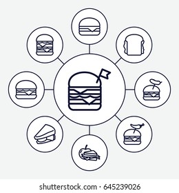 Set of 9 outline icons such as sandwich, double burger with flag, burger with pepper, burger with sausage