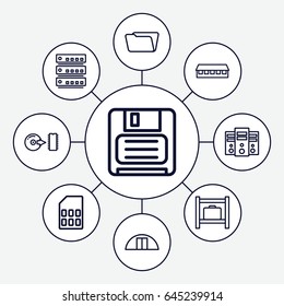 Set of 9 outline icons such as luggage storage, barn, folder, cargo barn, diskette, disc, memory card
