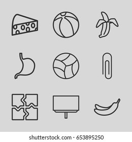 Set of 9 outline icons such as banana, puzzle, board, stomach, banana, cheese, beach ball