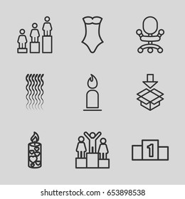 Set of 9 outline icons such as curly hair, candle, swimsuit, ranking, box