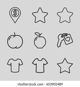 Set of 9 outline icons such as apple, star, t-shirt, heart key