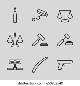 Set of 9 outline icons such as security camera, gardening knife, bullet, gun, auction hummer, scales