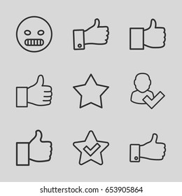 Set of 9 outline icons such as thumb up, angry emot, like, star, user and tick