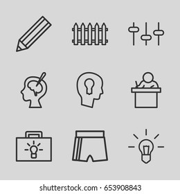 Set of 9 outline icons such as fence, pencil, equalizer, brain surgery, keyhole in head, teacher, sport shorts