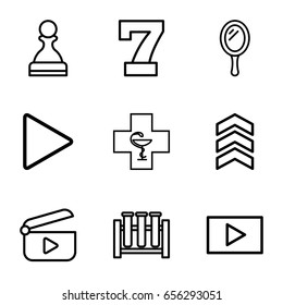 Set of 9 outline icons such as mirror, 7 number, pharmacy, play, arrow, pawn