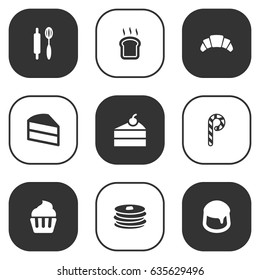 Set Of 9 Oven Icons Set.Collection Of Dessert, Striped Lollipop, Sweetmeat And Other Elements.