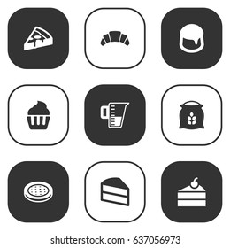 Set Of 9 Oven Icons Set.Collection Of Dessert, Sack, Measurement And Other Elements.