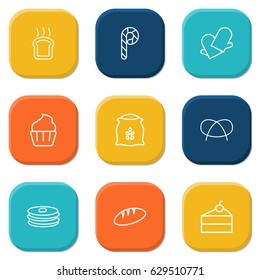 Set Of 9 Oven Outline Icons Set.Collection Of Pancakes, Toast, Cheesecake And Other Elements.