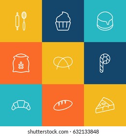 Set Of 9 Oven Outline Icons Set.Collection Of Flour, Bread, Cupcake And Other Elements.