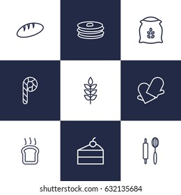 Set Of 9 Oven Outline Icons Set.Collection Of Pancakes, Toast, Bread And Other Elements.