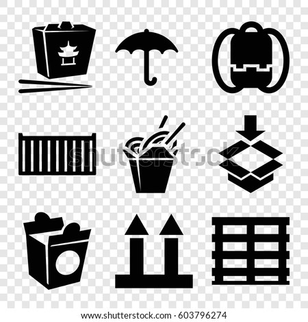 Set of 9 pack filled icons such as chinese fast food, take away food, cargo box, cargo arrow up, keep dry cargo, box