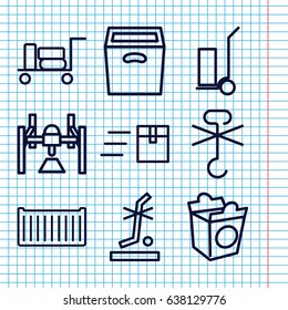 Set of 9 package outline icons such as luggage, cart cargo, take away food, cargo box, no standing nearby, no cargo warning, box