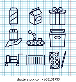 Set of 9 package outline icons such as luggage, paints, take away food, cargo box, cargo protection, present, box, beer can
