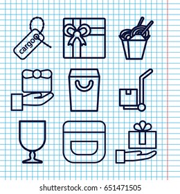 Set of 9 package outline icons such as cream, gift, chinese fast food, cargo tag, fragile cargo, cargo on cart, shopping bag