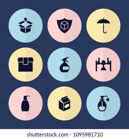 Set of 9 packaging filled icons such as spray bottle, bottle soap, take away food, soap, cargo insurance, box