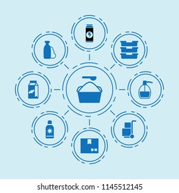Set of 9 packaging filled icons such as shampoo, package, liquid soap, container, washing powder, cargo, energy drink, milk