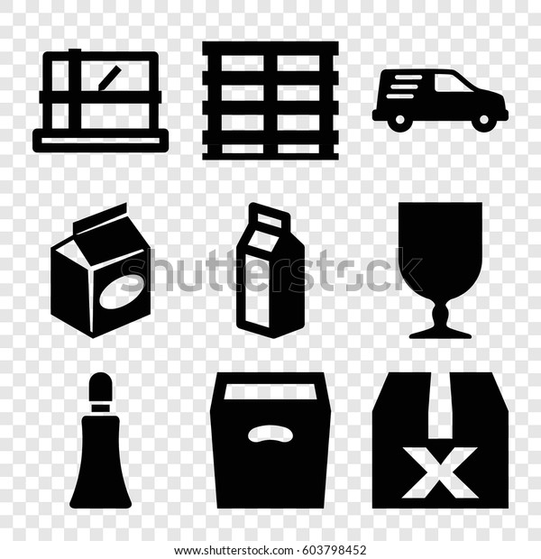 Set of 9 packaging filled icons such as parcel, cream\
tube, take away food, milk, cargo box, fragile cargo, delivery car,\
box