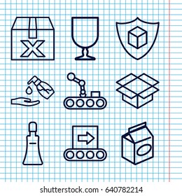 Set of 9 packaging outline icons such as cream tube, liquid soap, take away food, fragile cargo, box, cargo insurance, conveyor, conveyor and robot arm