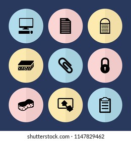 Set of 9 pad filled icons such as lock, sponge, clipboard, home on tablet, pointer on display, clip