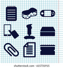 Set of 9 pad filled icons such as finger on display, sponge, portable console, notebook, paper, joystick