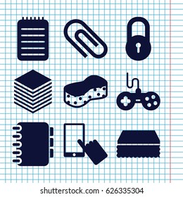 Set of 9 pad filled icons such as lock, joystick, finger on display, sponge, notebook, paper
