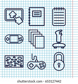 Set of 9 pad outline icons such as lock, joystick, sponge, paper, portable console, notebook, home on tablet