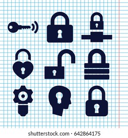 Set of 9 padlock filled icons such as lock, heart lock, keyhole in head, key