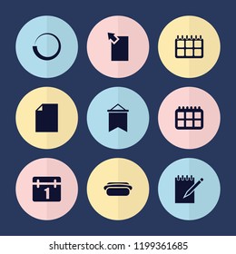 Set of 9 page filled icons such as calendar, loading, hot dog, flag, paper, notebook