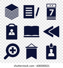 set of 9 page filled icons such as play back, calendar 7 date, clipboard, paper, book, zoom in, resume, flag