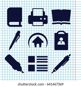 Set of 9 page filled icons such as printer, pen, home, resume, book