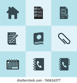 Set Of 9 Page Filled Icons Such As Adress Book, Paper Clip, Document Search, Calendar, Paper, Address Book, Home