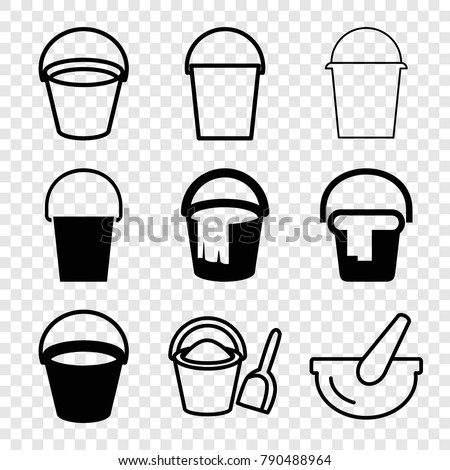 Set of 9 pail filled and outline icons such as bucket