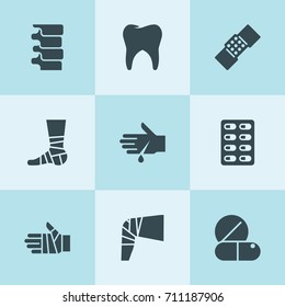 Set of 9 pain filled icons such as medical pill, tooth, patch, medicine pills, blood on hand, spine, bandaged hand