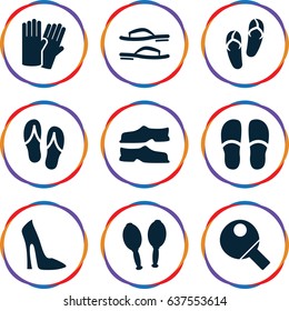 set of 9 pair filled icons such as glove, woman shoe, flip flops, slippers, maracas