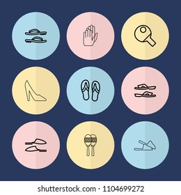Set of 9 pair outline icons such as slippers, table tennis, flip flops, glove, woman shoe