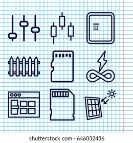 Set of 9 panel outline icons such as atm, fence, memory card, solar panel, browser window, adjust, endless battery