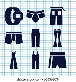 Set of 9 pants filled icons such as man underwear, pants, woman pants, jumpsuit, sport shorts