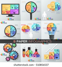 Set of 9 paper infographic design templates in shape of speech and thought bubbles, magnifier, computer screen, watch, light bulb, flasks. Business concepts. Vector illustration for poster, report.