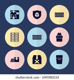 Set of 9 parcel filled icons such as cargo box, question box, gift, express delivery, cargo insurance