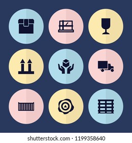 Set of 9 parcel filled icons such as parcel, cargo box, cargo arrow up, box, fragile cargo, handle with care, arrow up