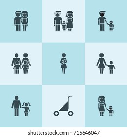 Set of 9 parent filled icons such as husband and wife, family, father and son, mother with newborn baby