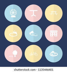 Set of 9 park filled icons such as tree and bench, table, pond, house, family bicycle