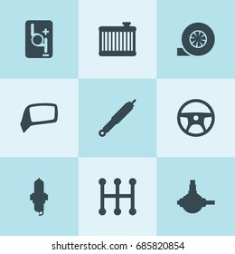 Set of 9 part filled icons such as steering wheel, suspension, spark plug, turbo, spherical bearing, mechanical transmission, robot transmission, car radiator
