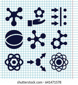 Set of 9 particle filled icons such as atom, atom move