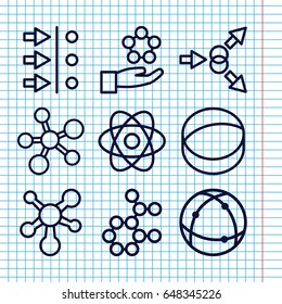 Set of 9 particle outline icons such as atom, atom move